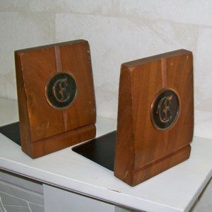 Pair Vintage Bookends Wood Metal Copper